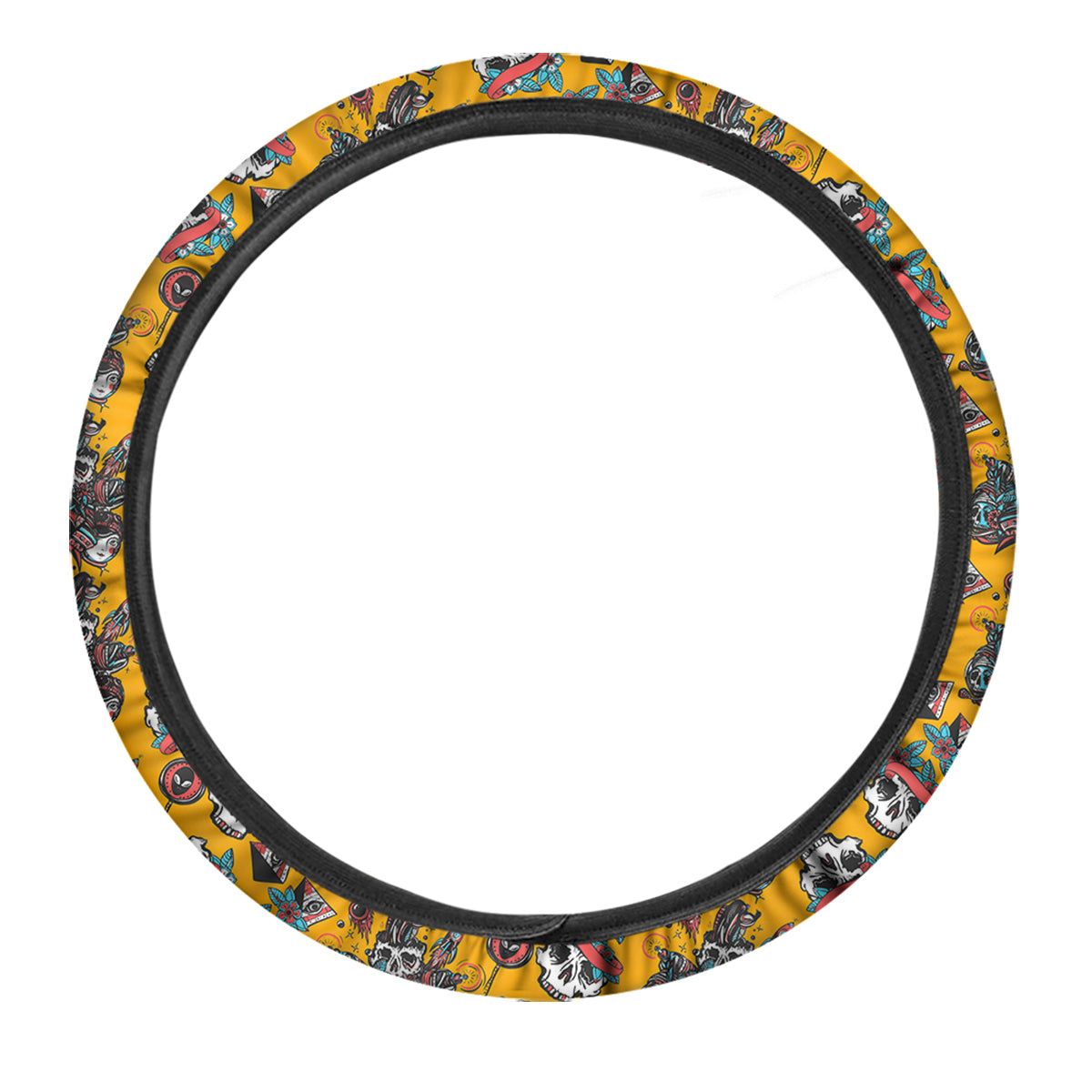 Yellow Skull Old School Tattoo Print Pattern Car Steering Wheel Cover-grizzshop