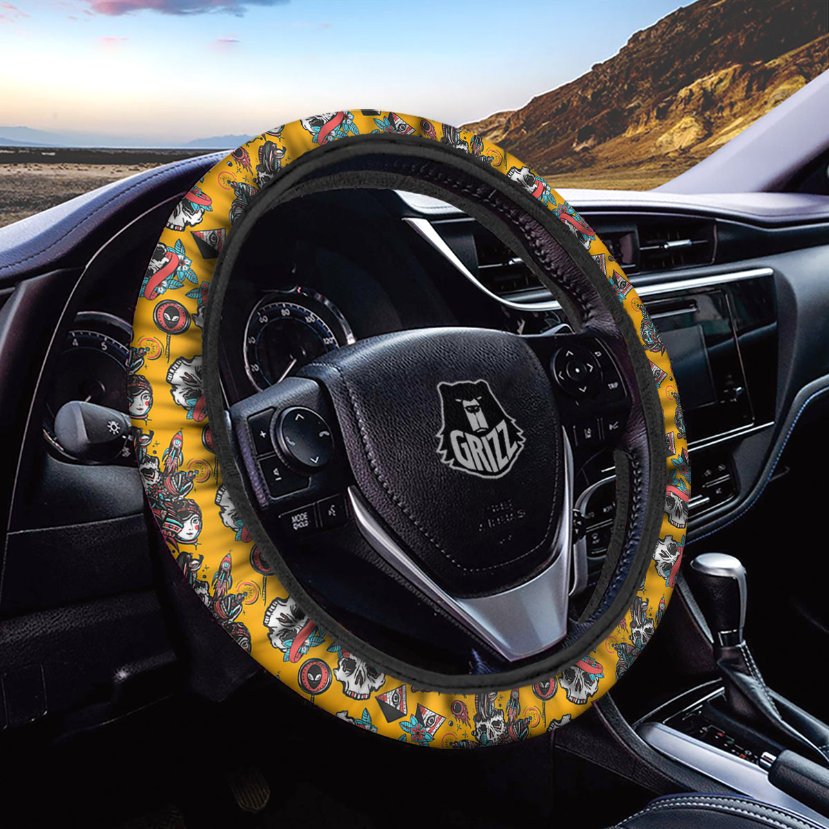 Yellow Skull Old School Tattoo Print Pattern Car Steering Wheel Cover-grizzshop