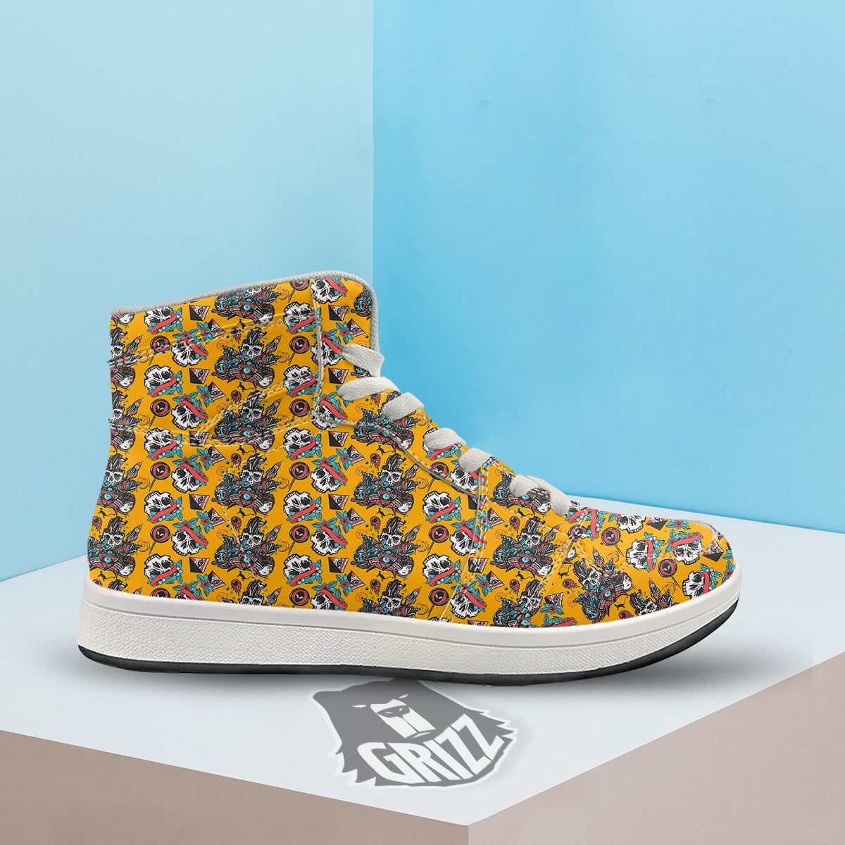 Yellow Skull Old School Tattoo Print Pattern High Top Sneakers-grizzshop