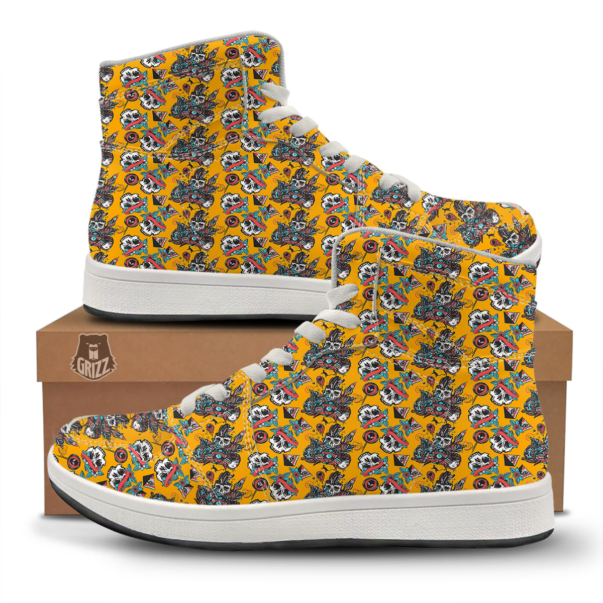 Yellow Skull Old School Tattoo Print Pattern High Top Sneakers-grizzshop
