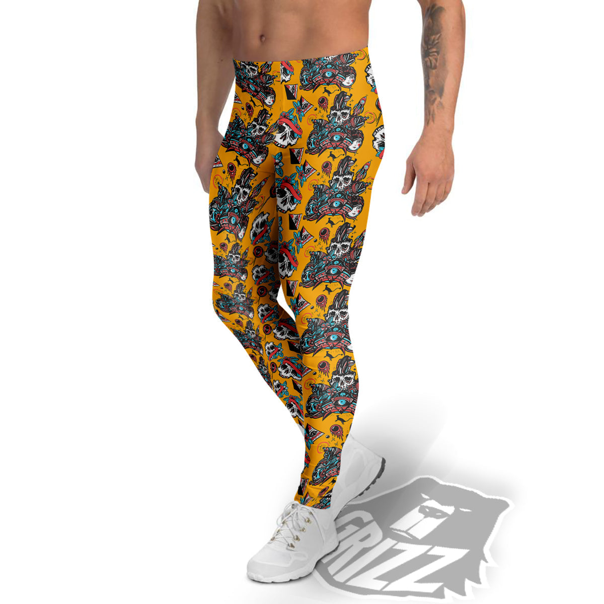 Yellow Skull Old School Tattoo Print Pattern Men's Leggings-grizzshop