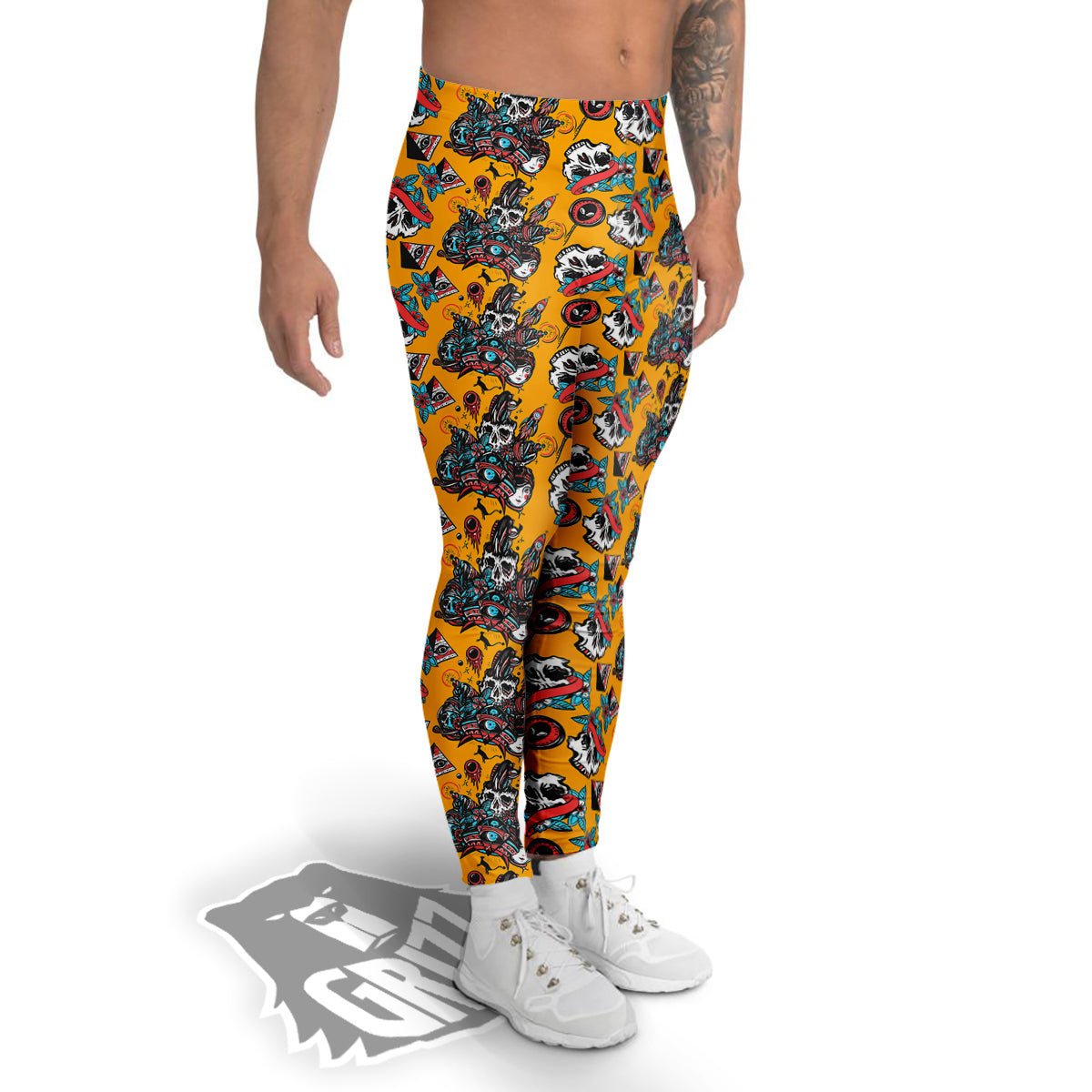 Yellow Skull Old School Tattoo Print Pattern Men's Leggings-grizzshop