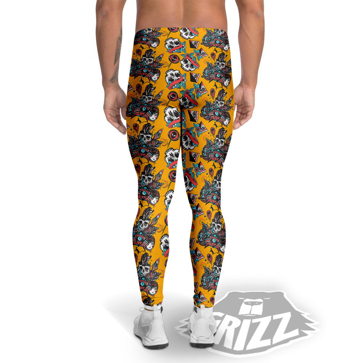 Yellow Skull Old School Tattoo Print Pattern Men's Leggings-grizzshop