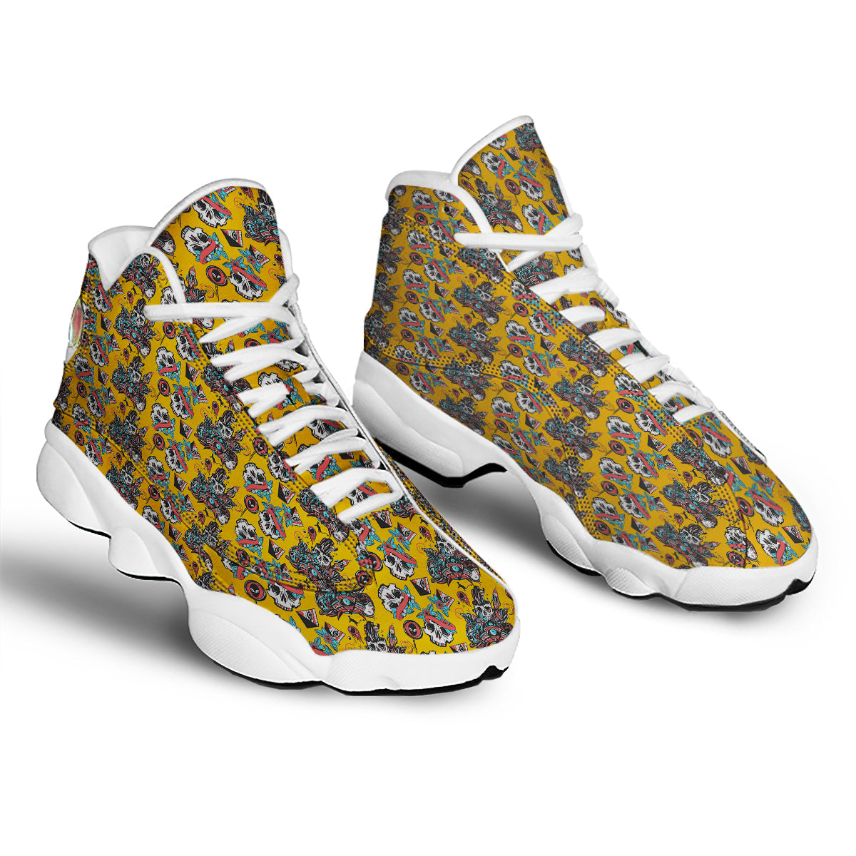 Yellow Skull Old School Tattoo Print Pattern White Basketball Shoes-grizzshop