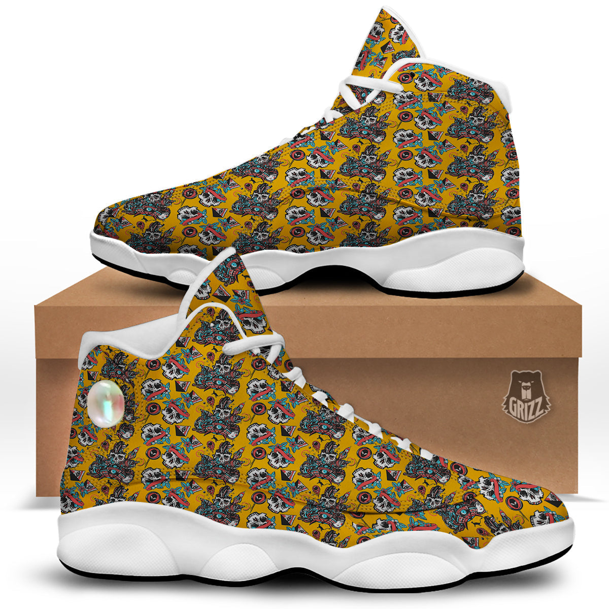 Yellow Skull Old School Tattoo Print Pattern White Basketball Shoes-grizzshop