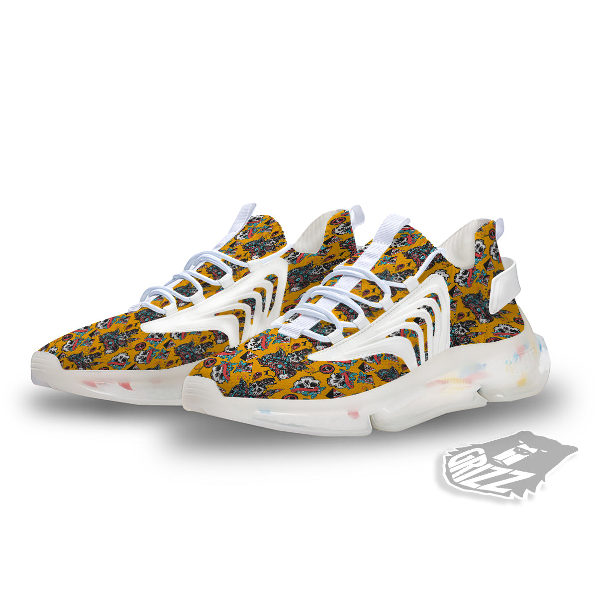 Yellow Skull Old School Tattoo Print Pattern White Gym Shoes-grizzshop