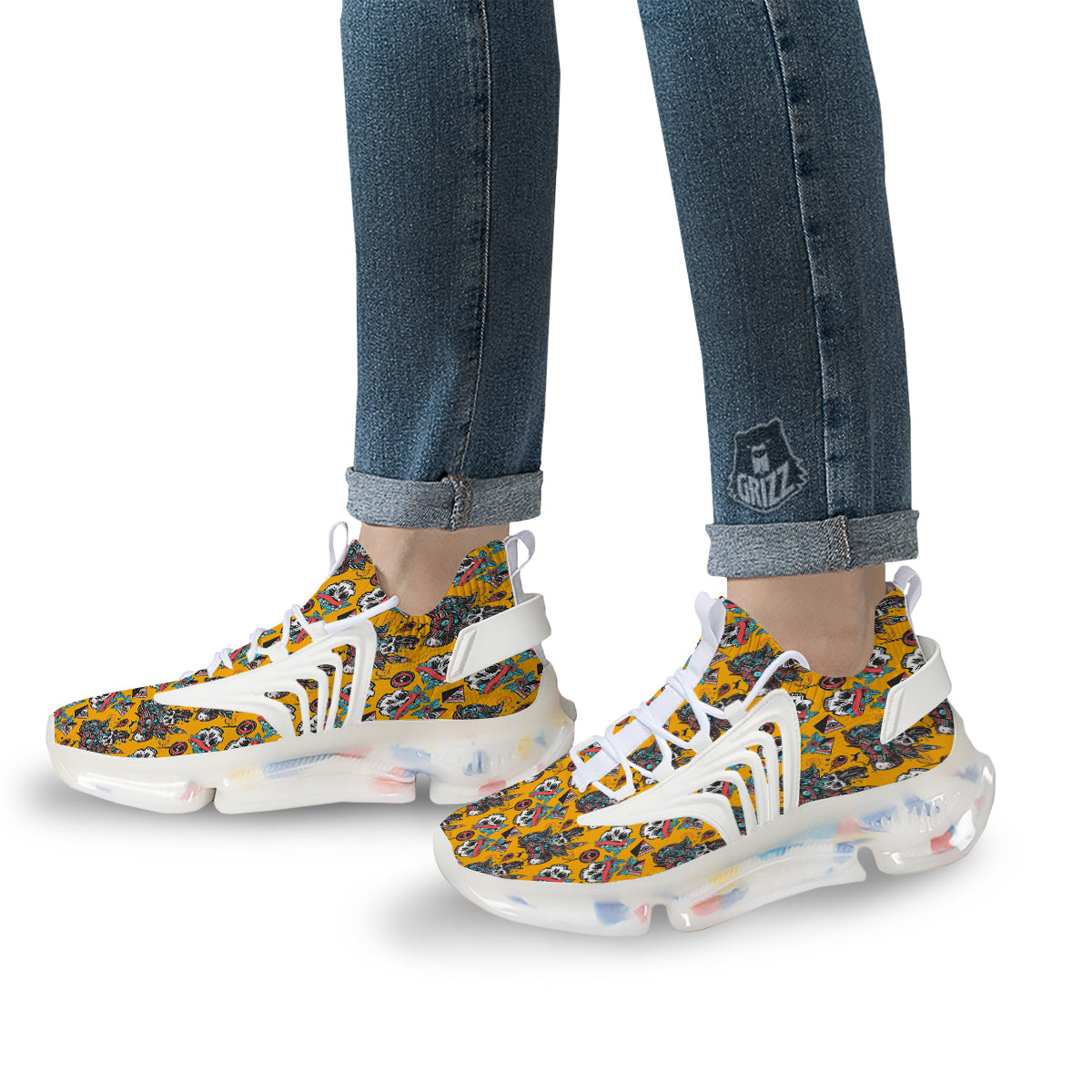 Yellow Skull Old School Tattoo Print Pattern White Gym Shoes-grizzshop