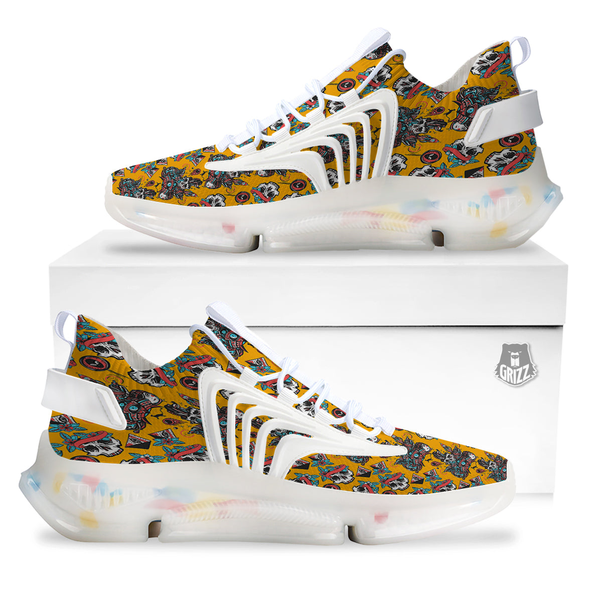 Yellow Skull Old School Tattoo Print Pattern White Gym Shoes-grizzshop