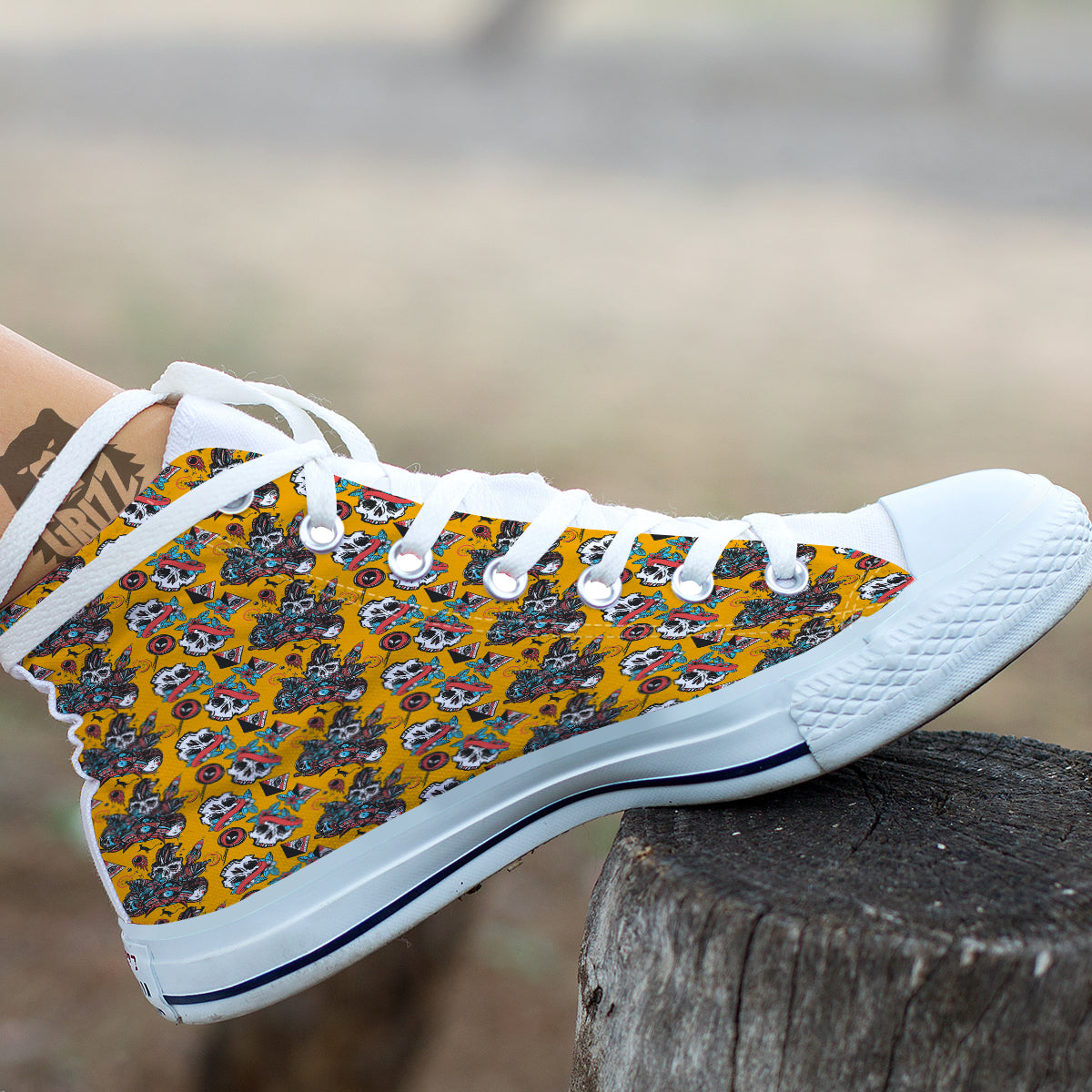 Yellow Skull Old School Tattoo Print Pattern White High Top Shoes-grizzshop