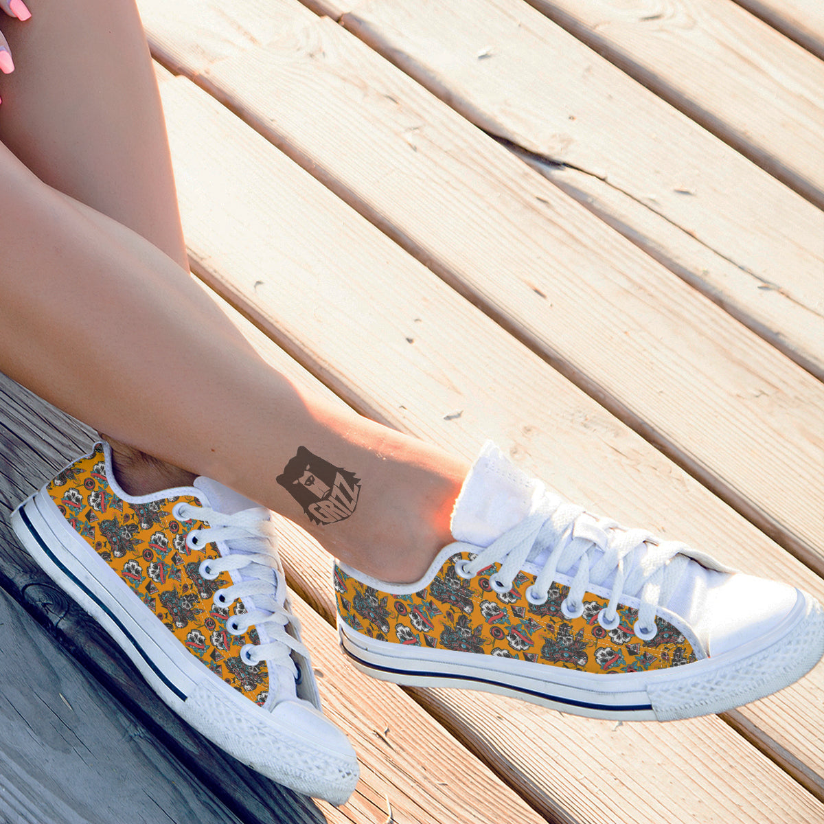 Yellow Skull Old School Tattoo Print Pattern White Low Top Shoes-grizzshop