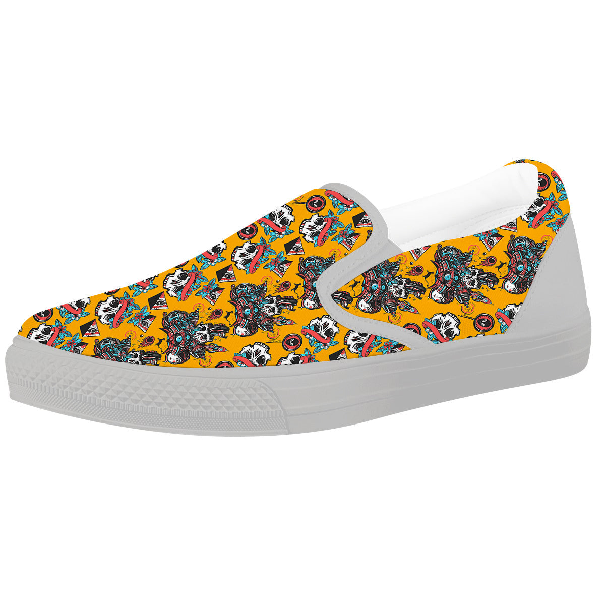 Yellow Skull Old School Tattoo Print Pattern White Slip On Shoes-grizzshop
