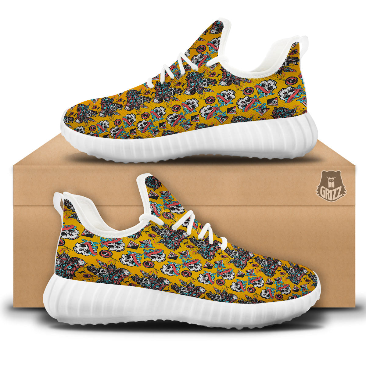 Yellow Skull Old School Tattoo Print Pattern White Walking Shoes-grizzshop