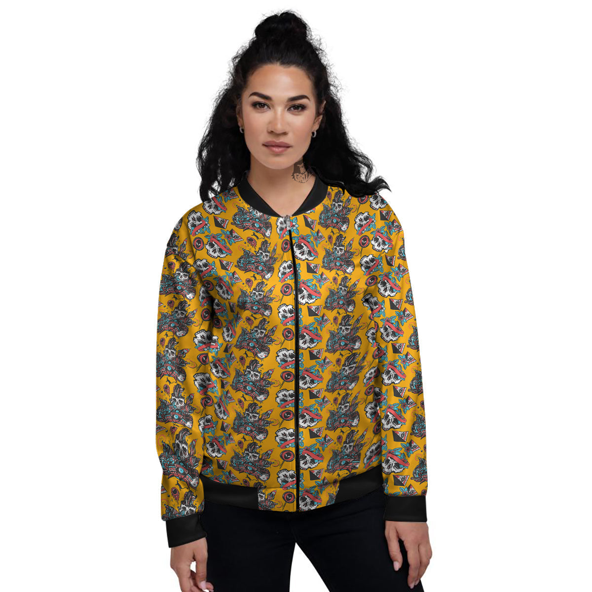 Yellow Skull Old School Tattoo Print Pattern Women's Bomber Jacket-grizzshop