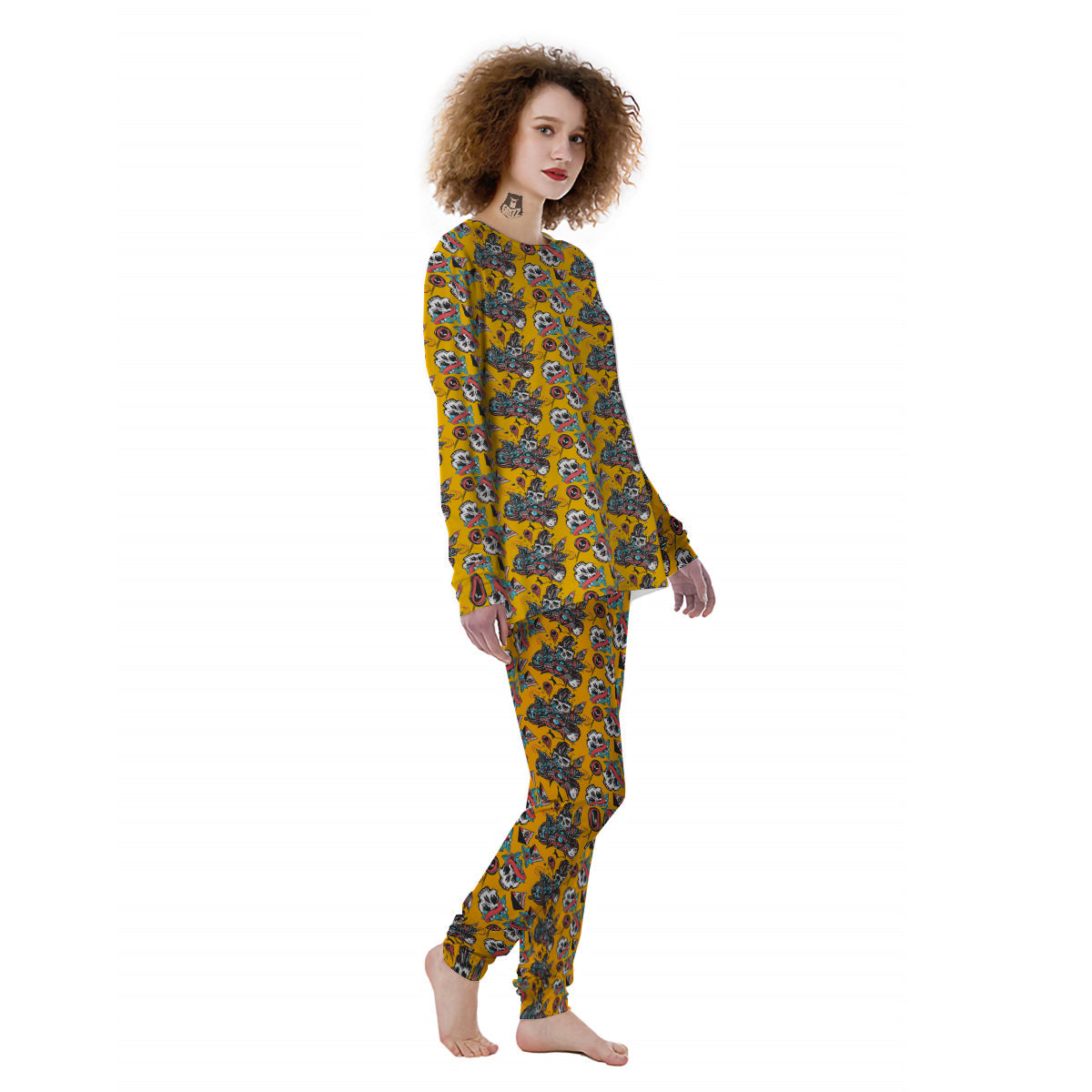 Yellow Skull Old School Tattoo Print Pattern Women's Pajamas-grizzshop