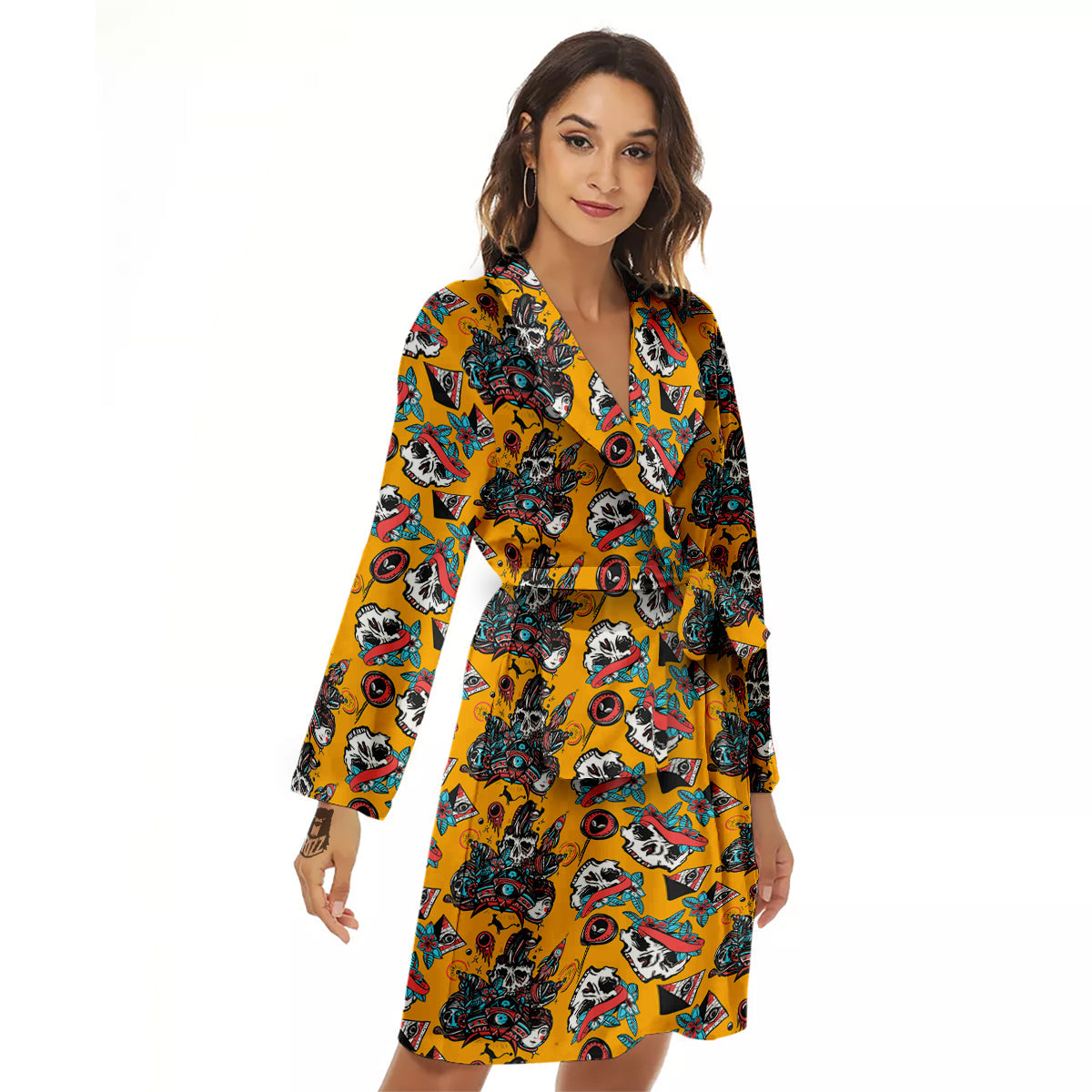 Yellow Skull Old School Tattoo Print Pattern Women's Robe-grizzshop