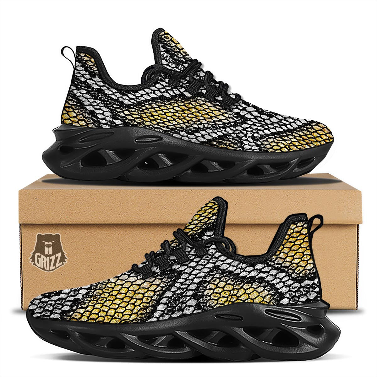 Yellow Snakeskin print Black Running Shoes-grizzshop