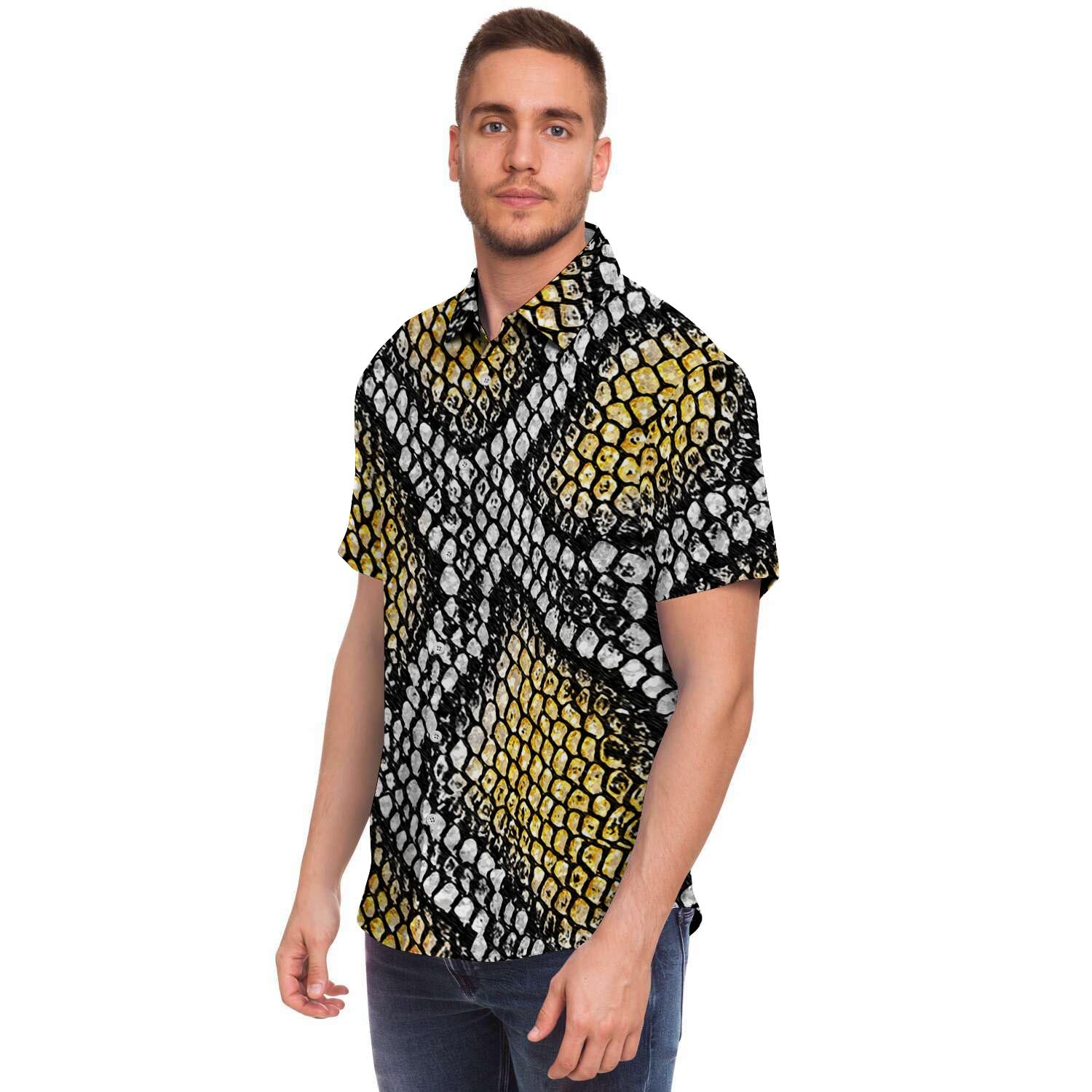 Yellow Snakeskin print Men's Short Sleeve Shirt-grizzshop