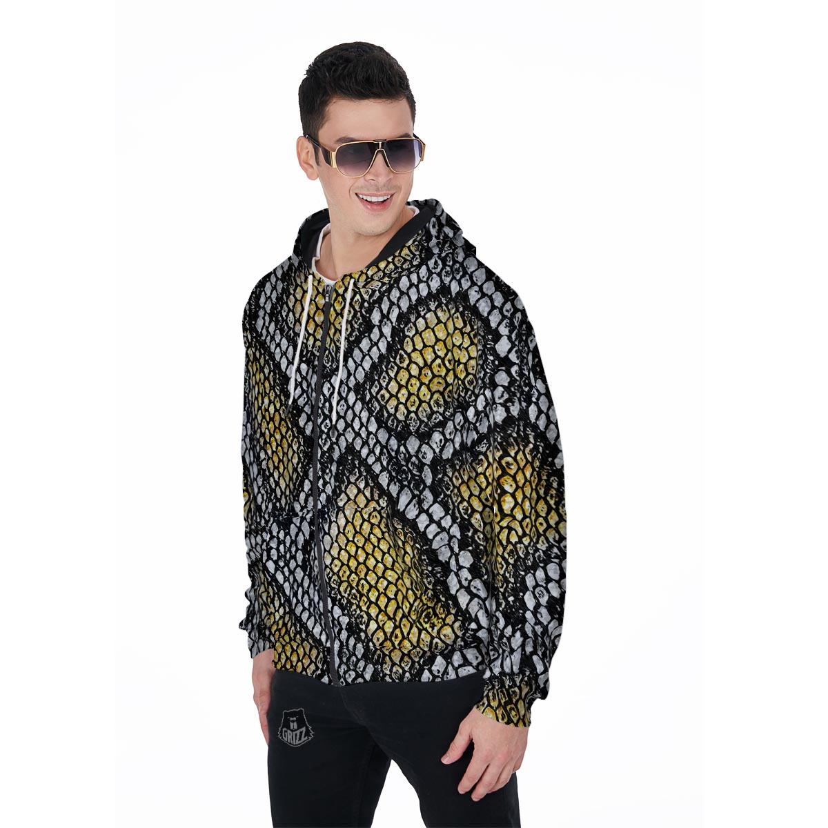 Yellow Snakeskin print Men's Zip Up Hoodie-grizzshop