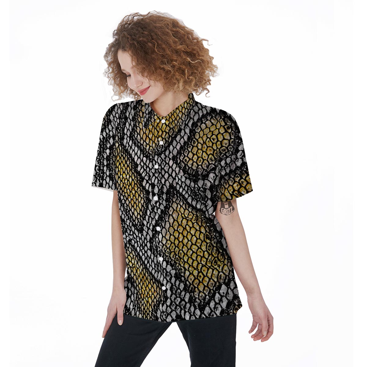 Yellow Snakeskin print Women's Short Sleeve Shirts-grizzshop