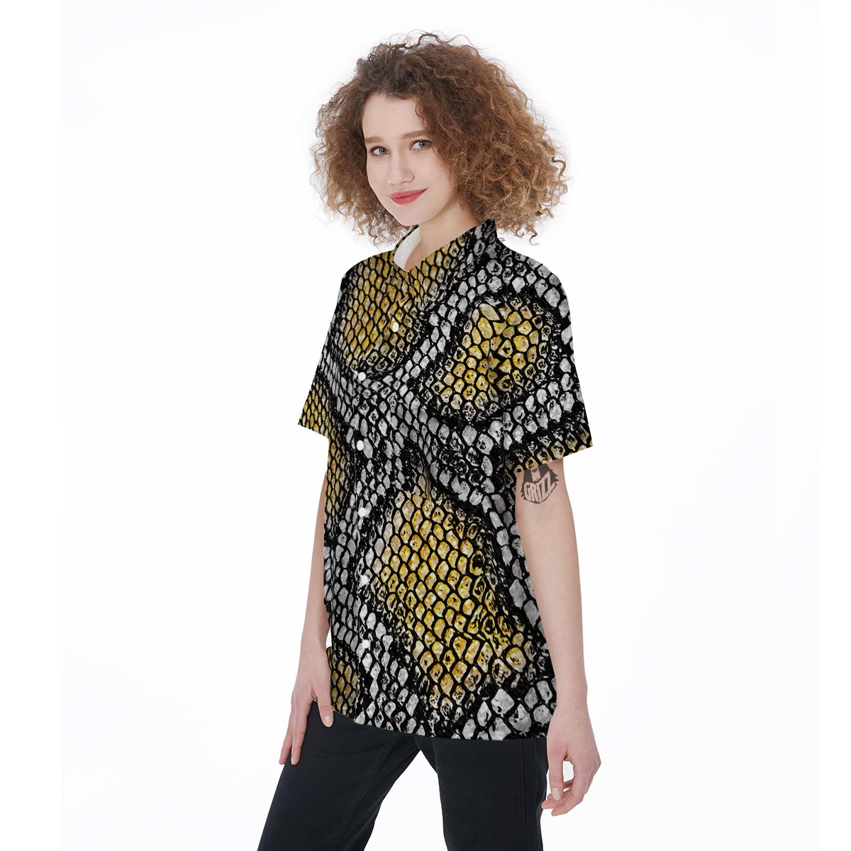 Yellow Snakeskin print Women's Short Sleeve Shirts-grizzshop