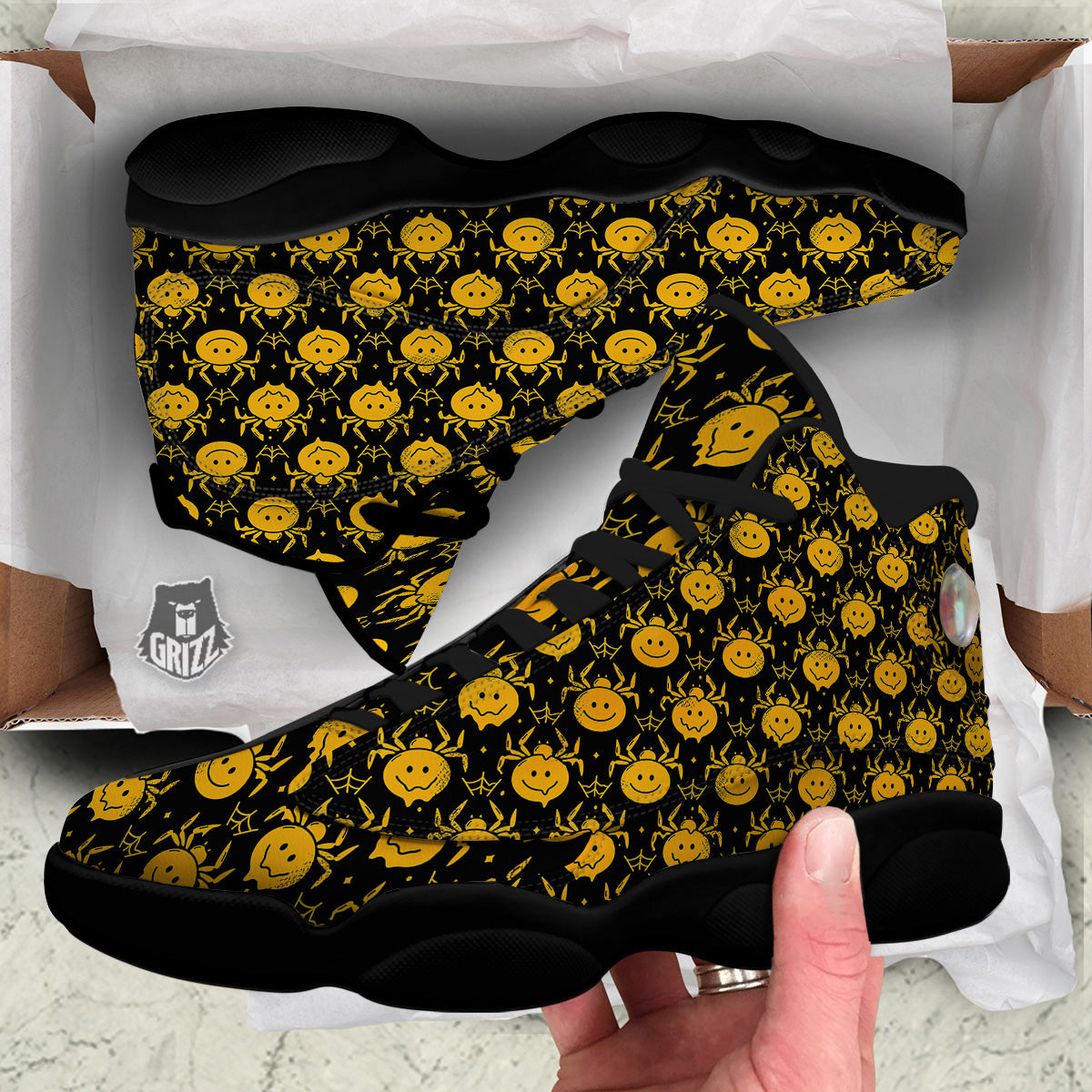 Yellow Spider Psychedelic Melt Print Pattern Black Basketball Shoes-grizzshop