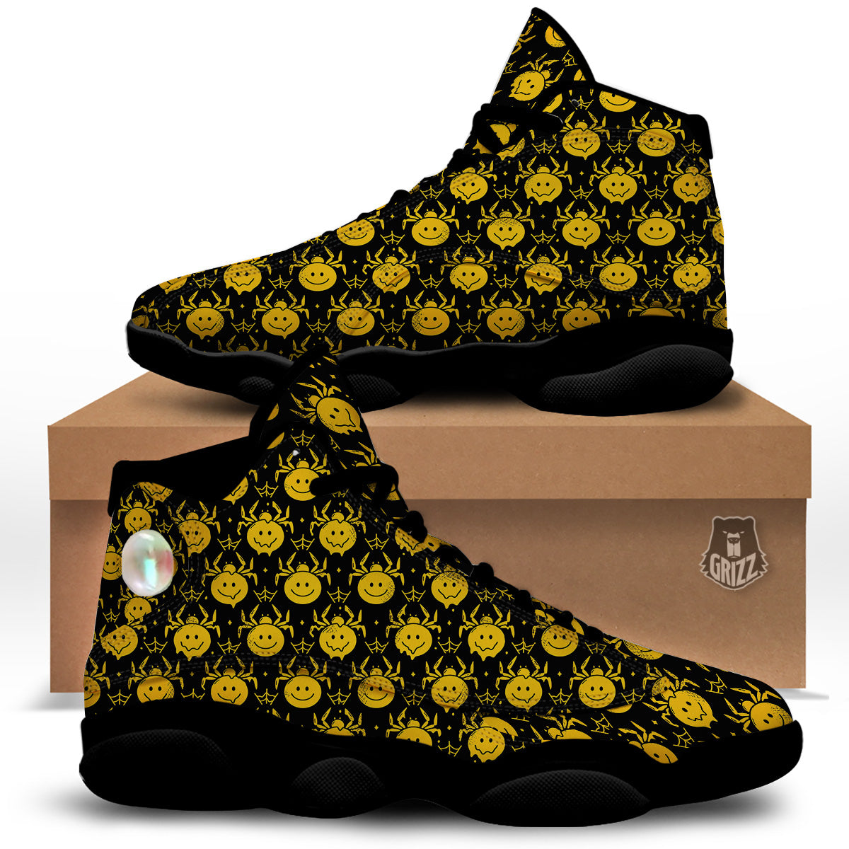 Yellow Spider Psychedelic Melt Print Pattern Black Basketball Shoes-grizzshop