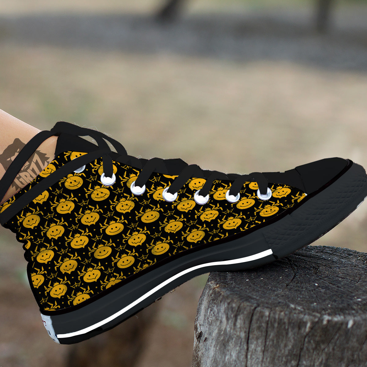 Yellow Spider Psychedelic Melt Print Pattern Black High Top Shoes-grizzshop