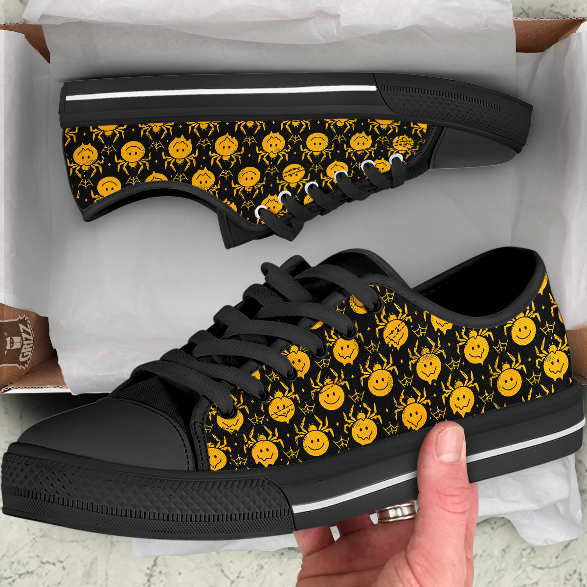 Yellow Spider Psychedelic Melt Print Pattern Black Low Top Shoes-grizzshop