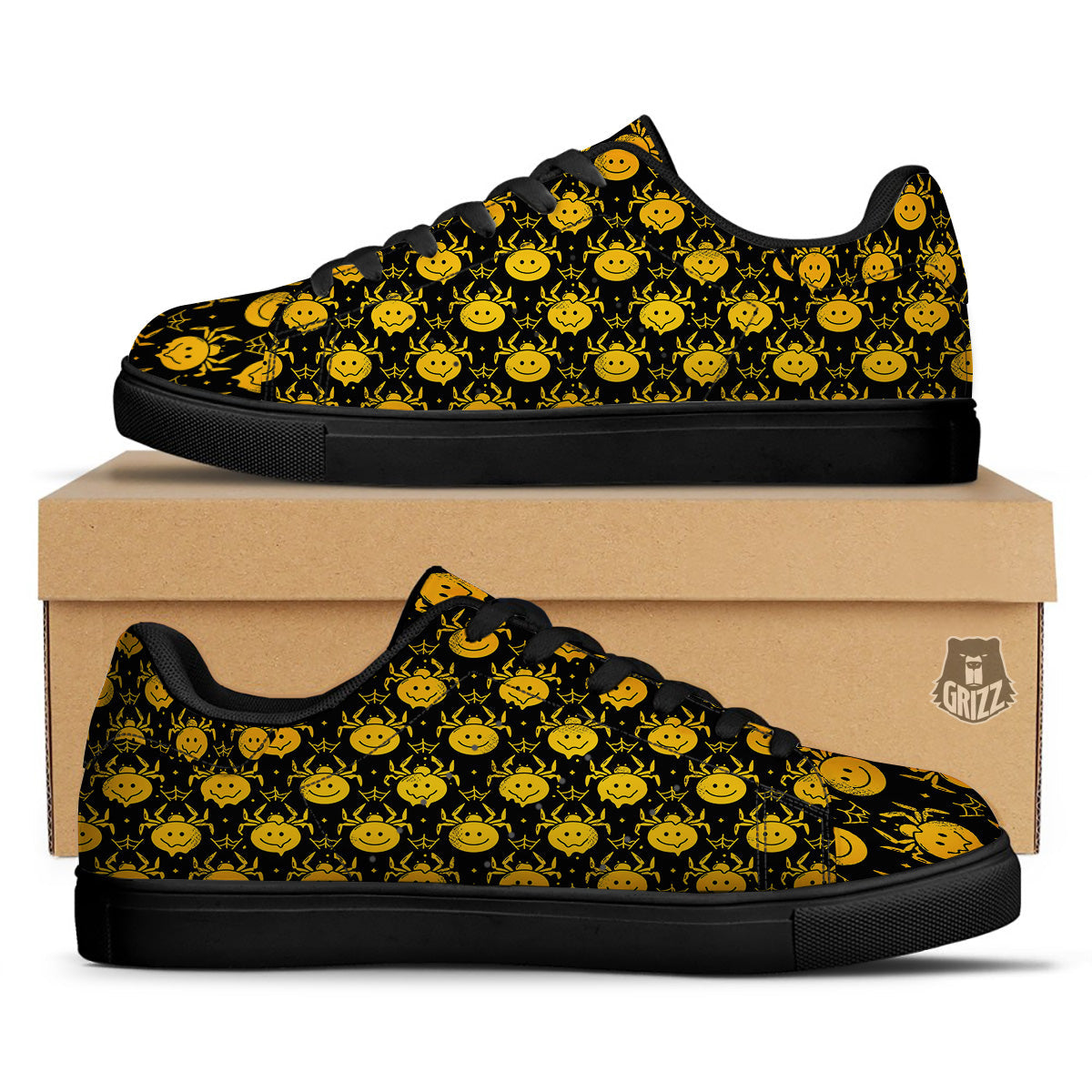 Yellow Spider Psychedelic Melt Print Pattern Black Low Top Sneakers-grizzshop