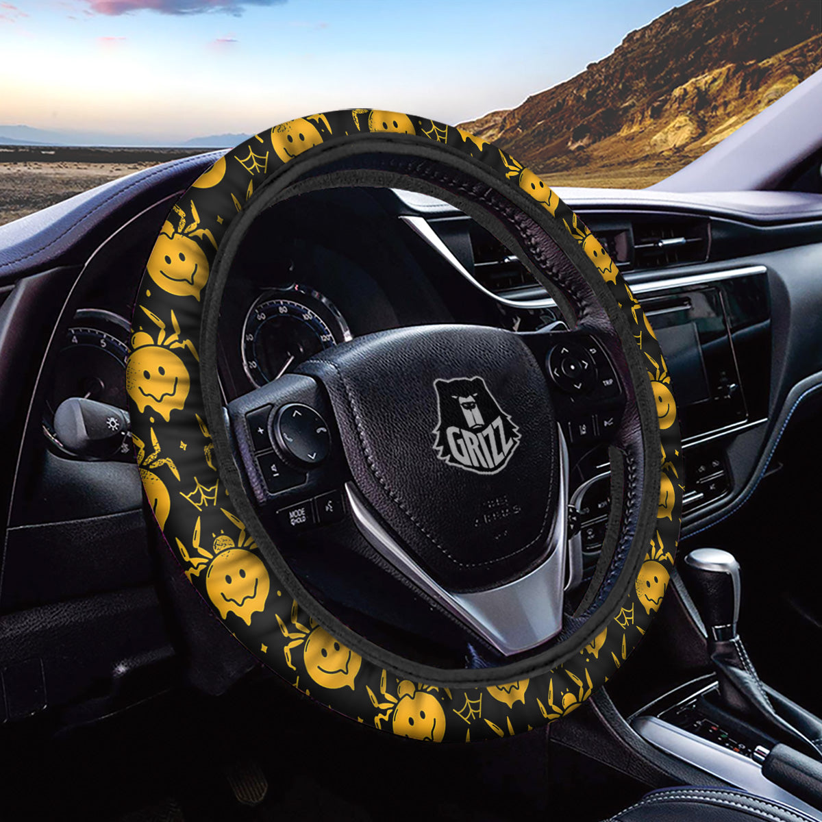Yellow Spider Psychedelic Melt Print Pattern Car Steering Wheel Cover-grizzshop