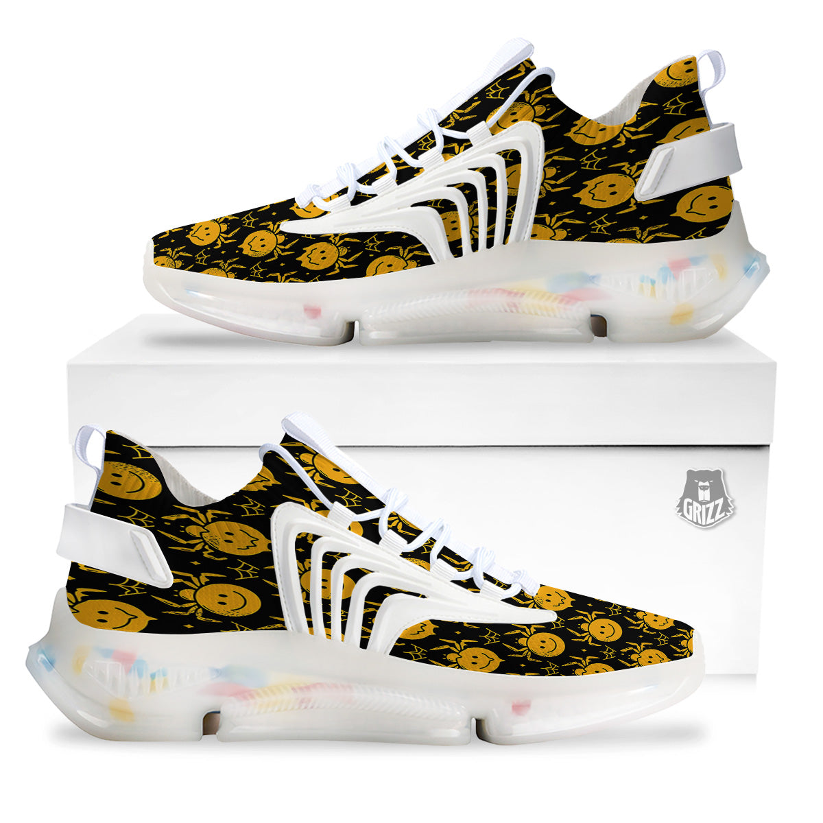 Yellow Spider Psychedelic Melt Print Pattern White Gym Shoes-grizzshop