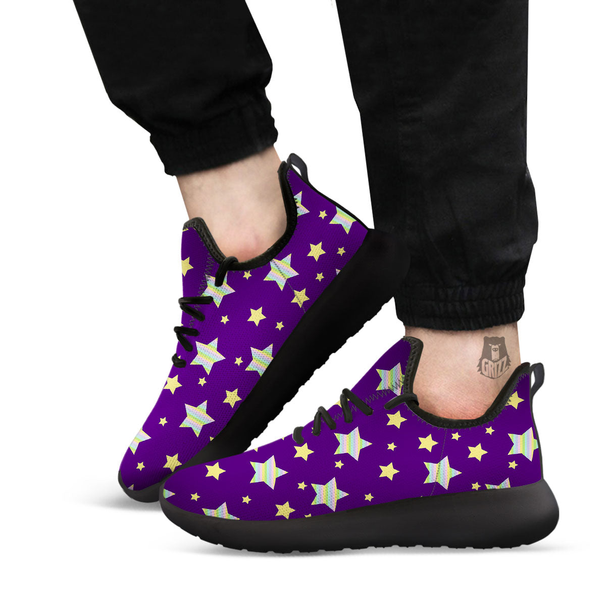 Yellow Stars Purple Print Pattern Black Athletic Shoes-grizzshop