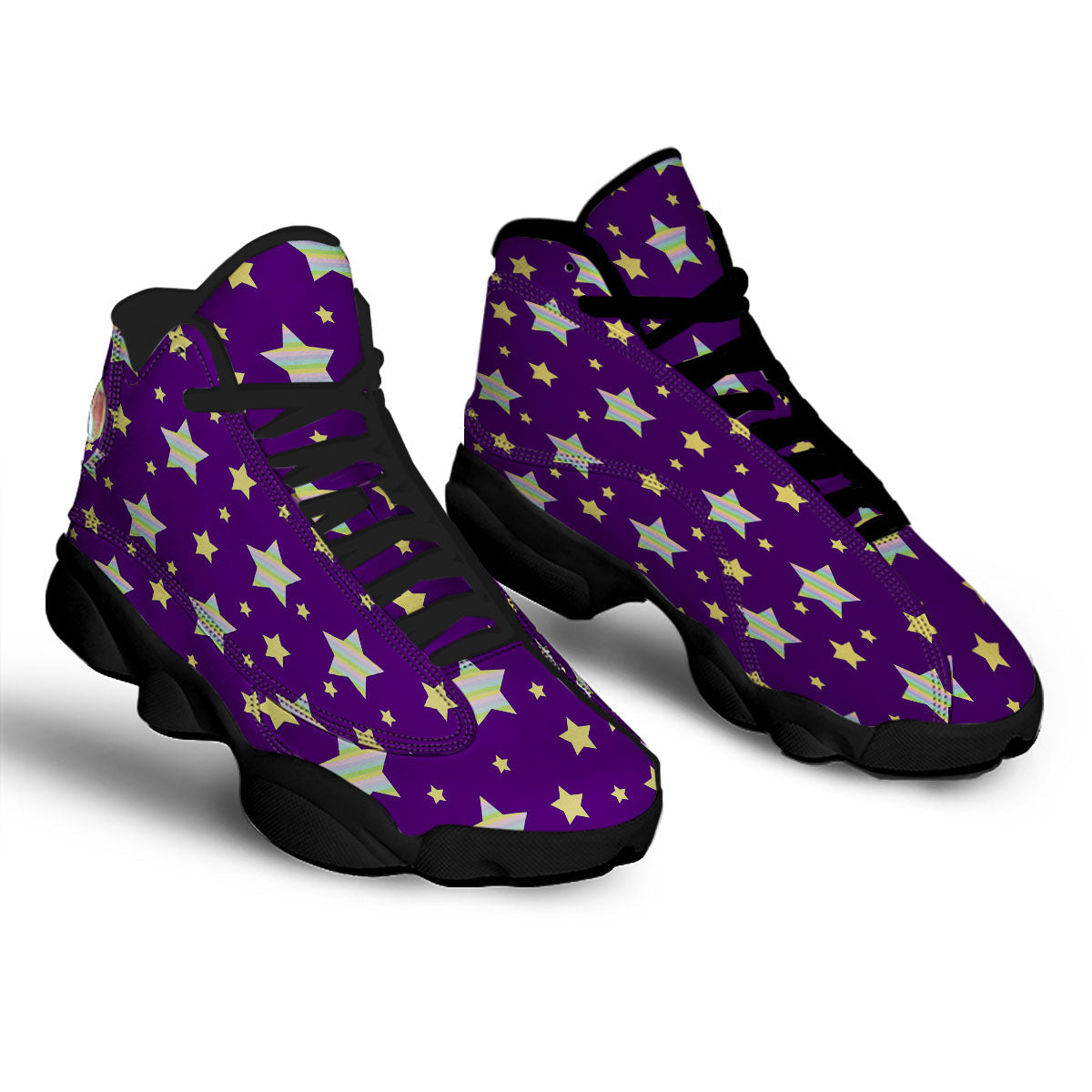 Yellow Stars Purple Print Pattern Black Basketball Shoes-grizzshop