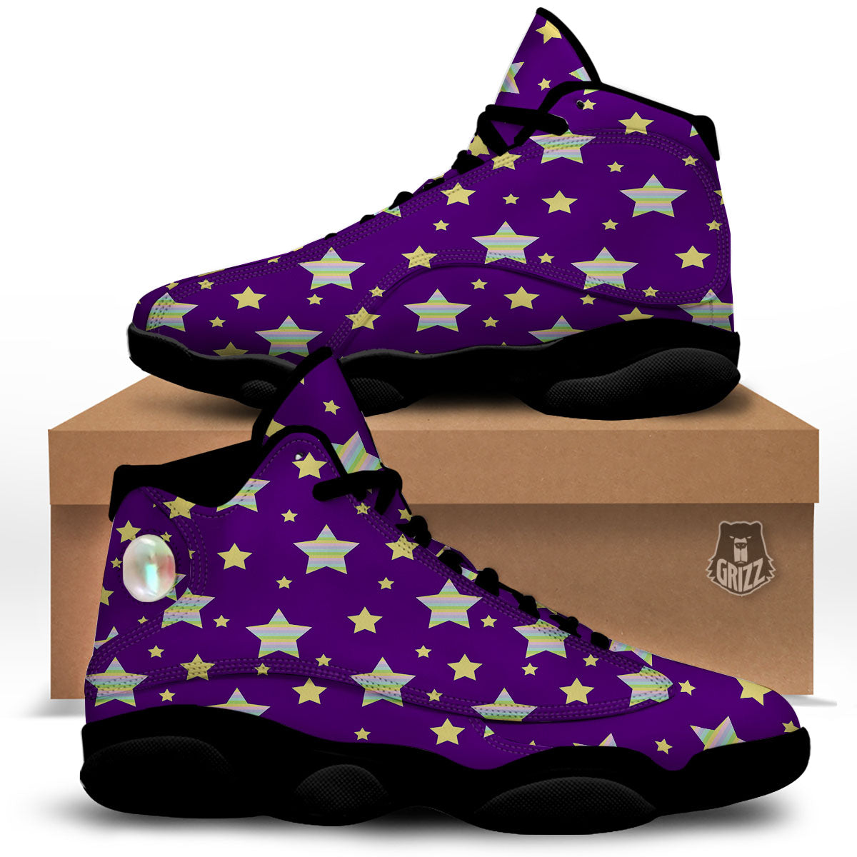Yellow Stars Purple Print Pattern Black Basketball Shoes-grizzshop