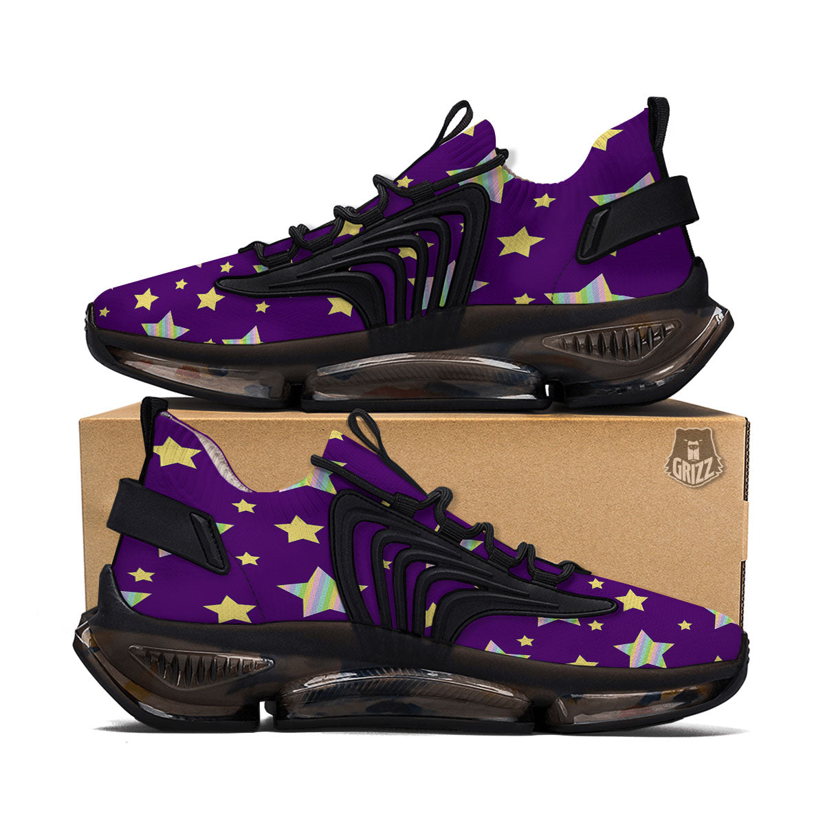 Yellow Stars Purple Print Pattern Black Gym Shoes-grizzshop
