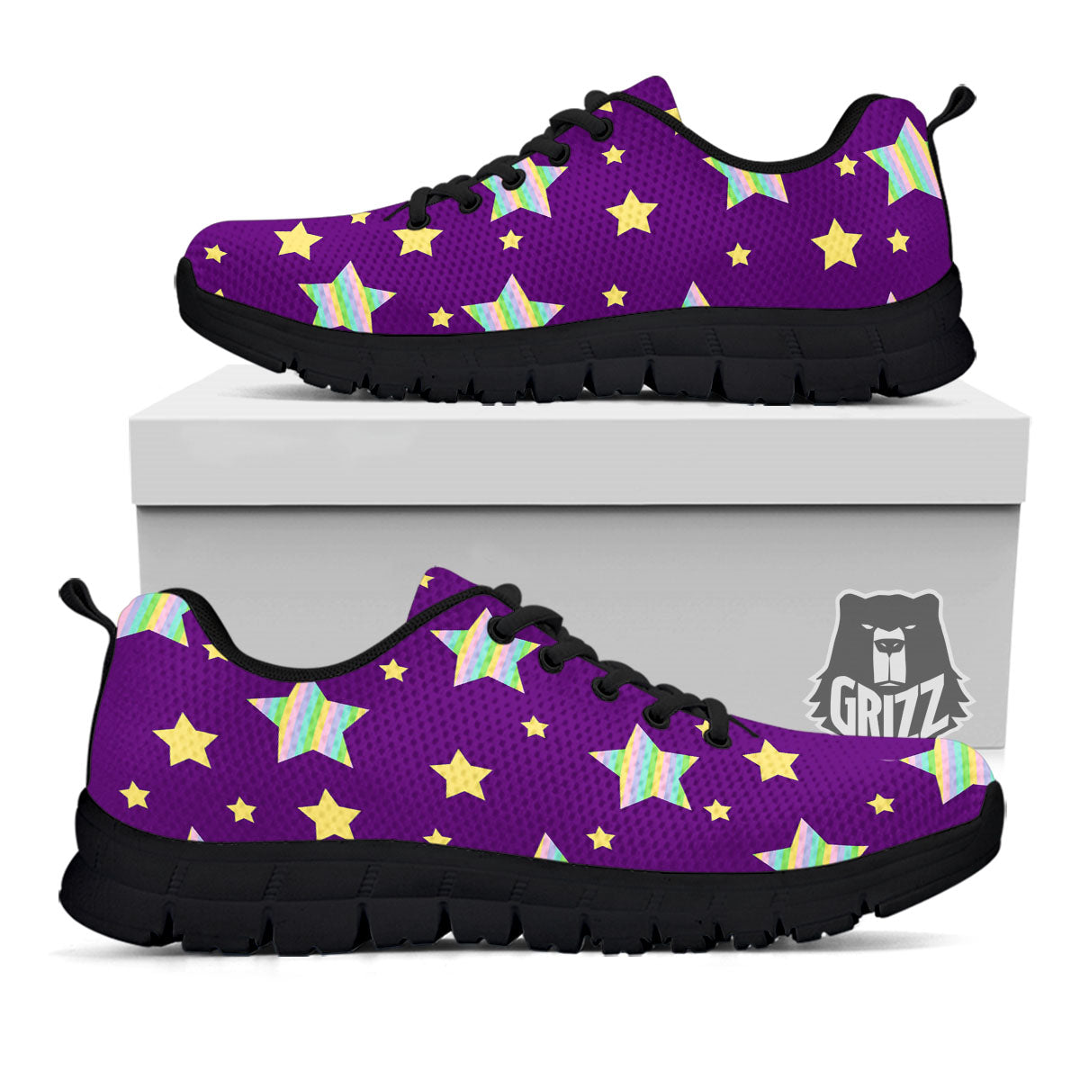 Yellow Stars Purple Print Pattern Black Sneaker-grizzshop