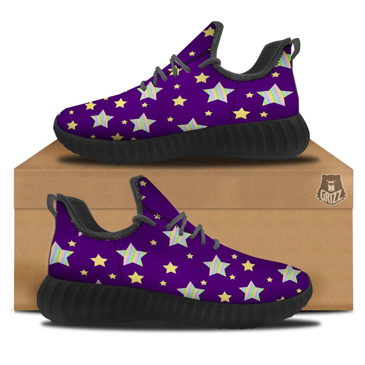 Yellow Stars Purple Print Pattern Black Walking Shoes-grizzshop