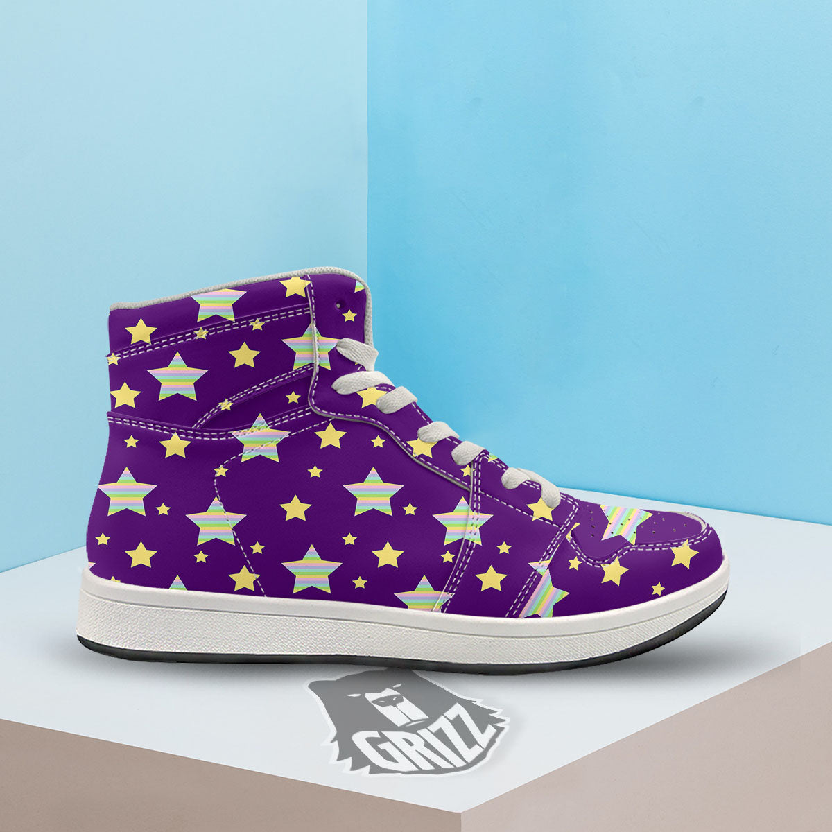 Yellow Stars Purple Print Pattern High Top Sneakers-grizzshop
