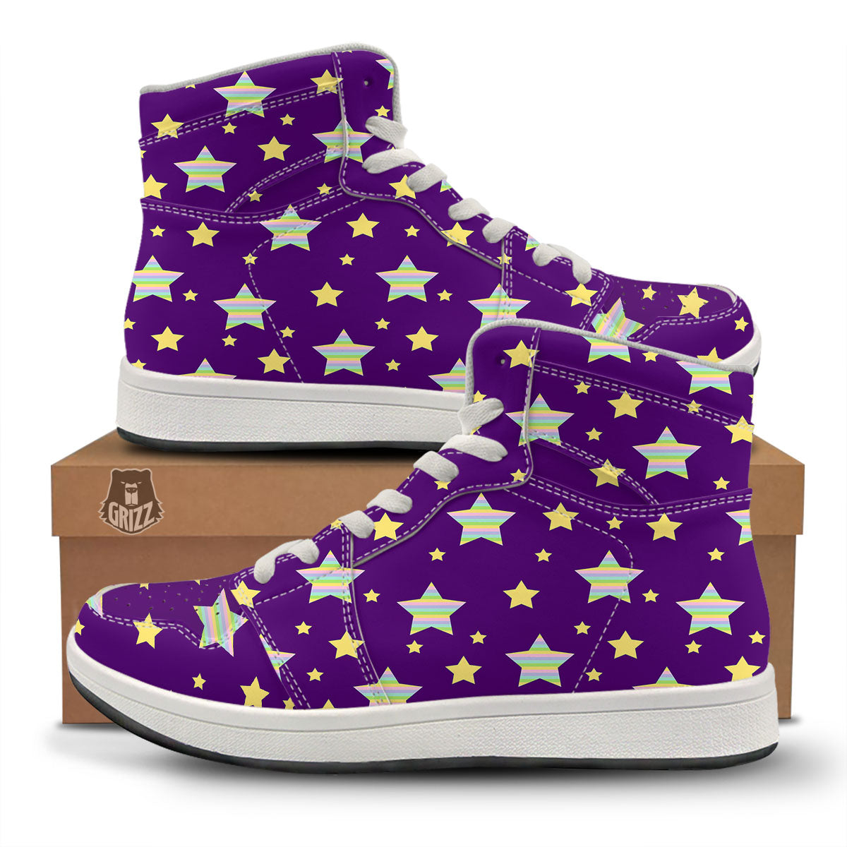 Yellow Stars Purple Print Pattern High Top Sneakers-grizzshop