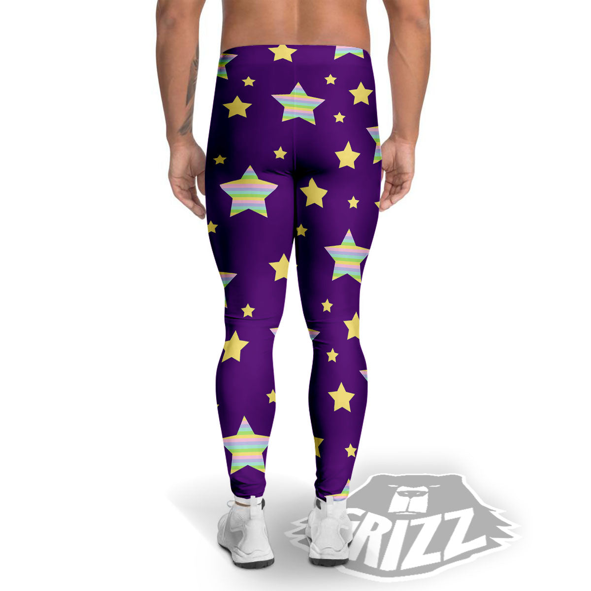 Yellow Stars Purple Print Pattern Men's Leggings-grizzshop