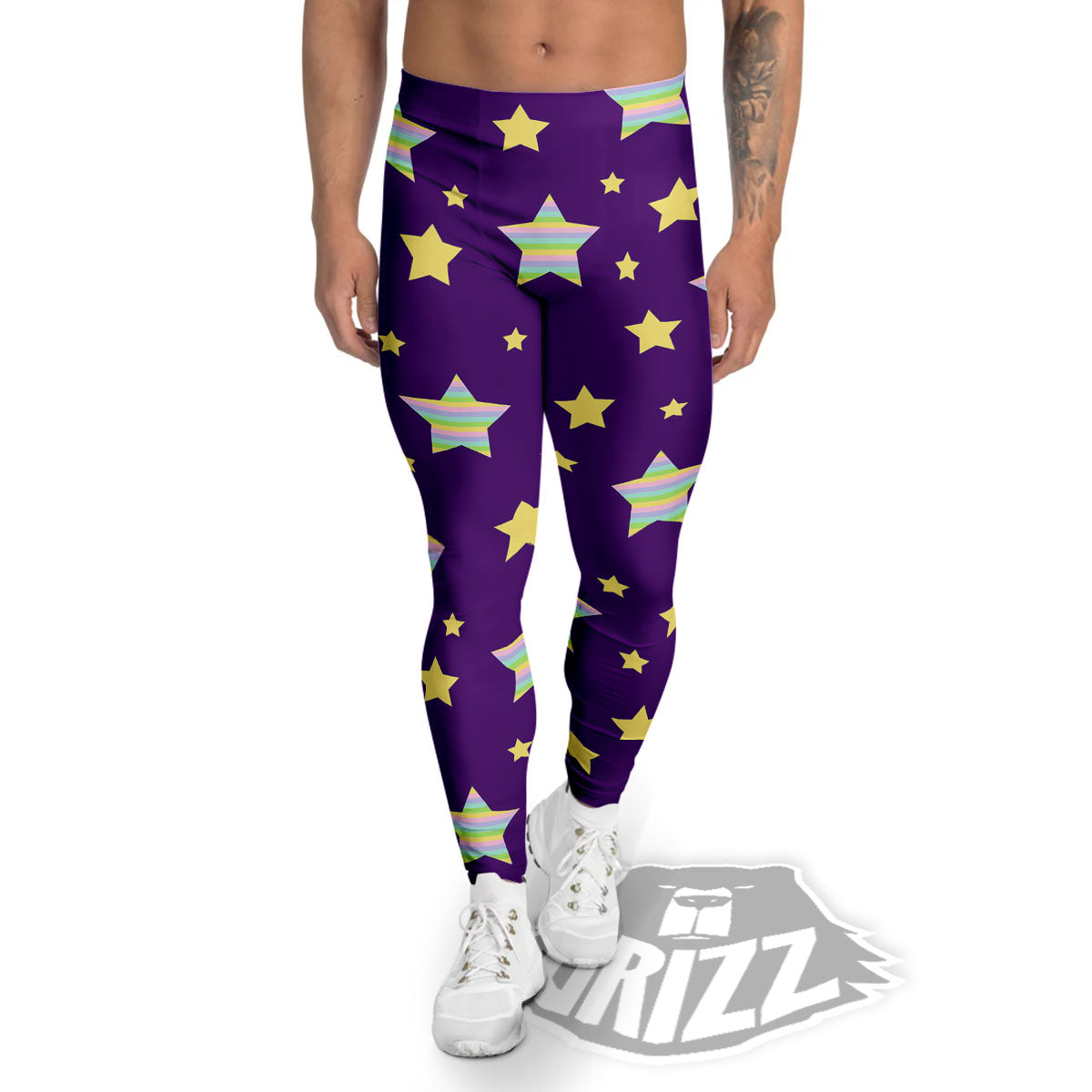 Yellow Stars Purple Print Pattern Men's Leggings-grizzshop