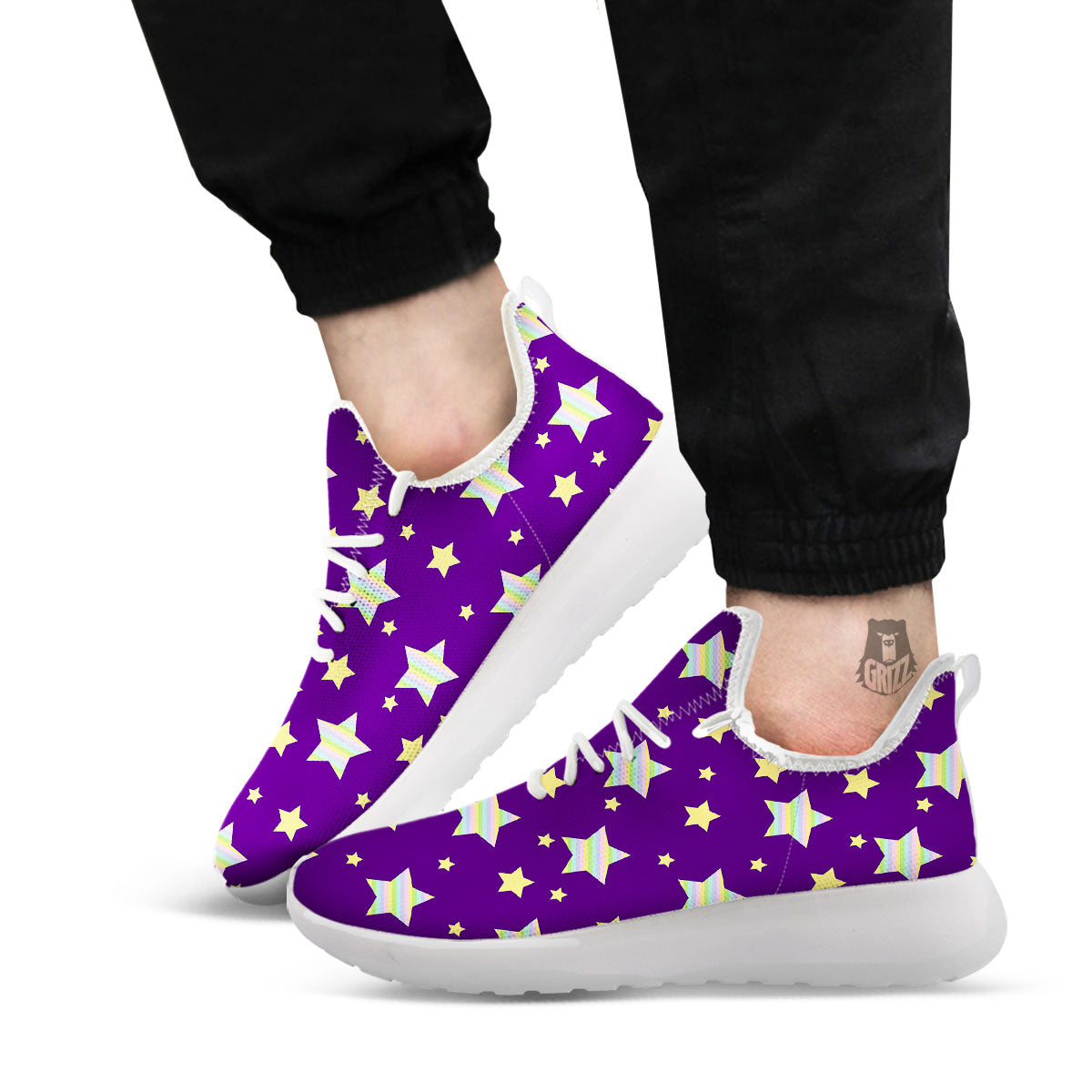 Yellow Stars Purple Print Pattern White Athletic Shoes-grizzshop