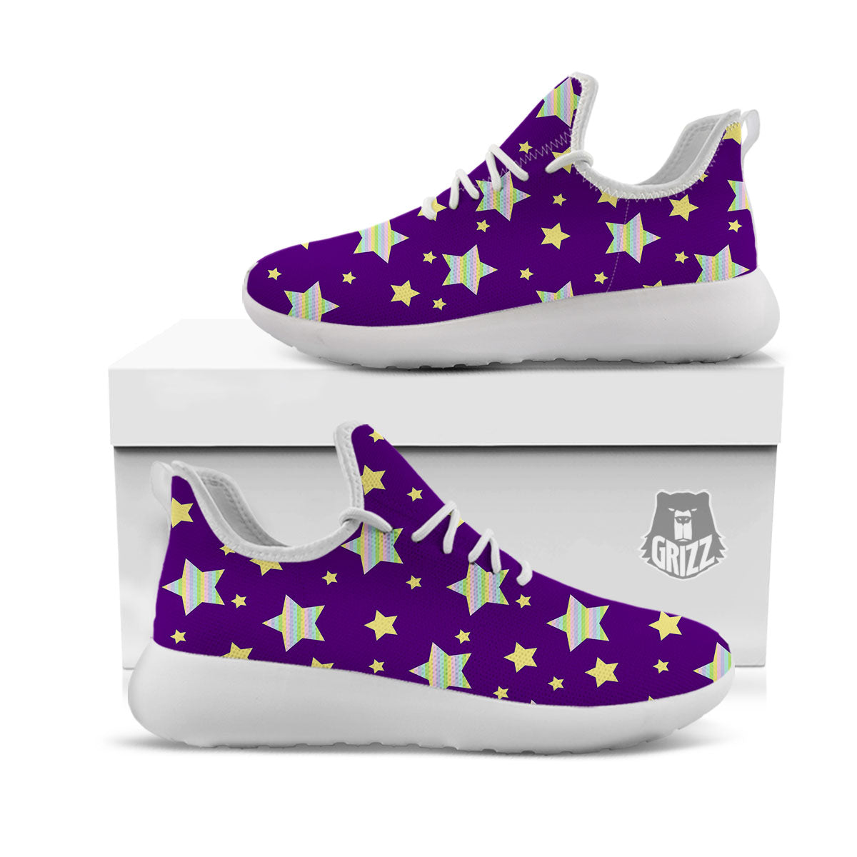 Yellow Stars Purple Print Pattern White Athletic Shoes-grizzshop