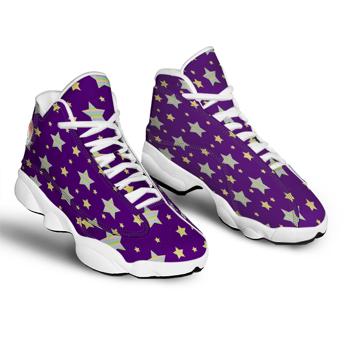 Yellow Stars Purple Print Pattern White Basketball Shoes-grizzshop