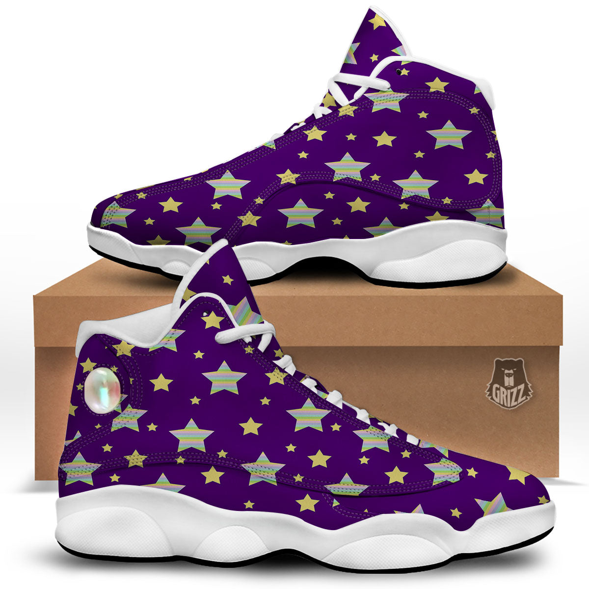 Yellow Stars Purple Print Pattern White Basketball Shoes-grizzshop
