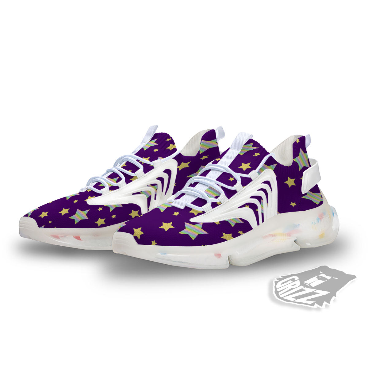 Yellow Stars Purple Print Pattern White Gym Shoes-grizzshop