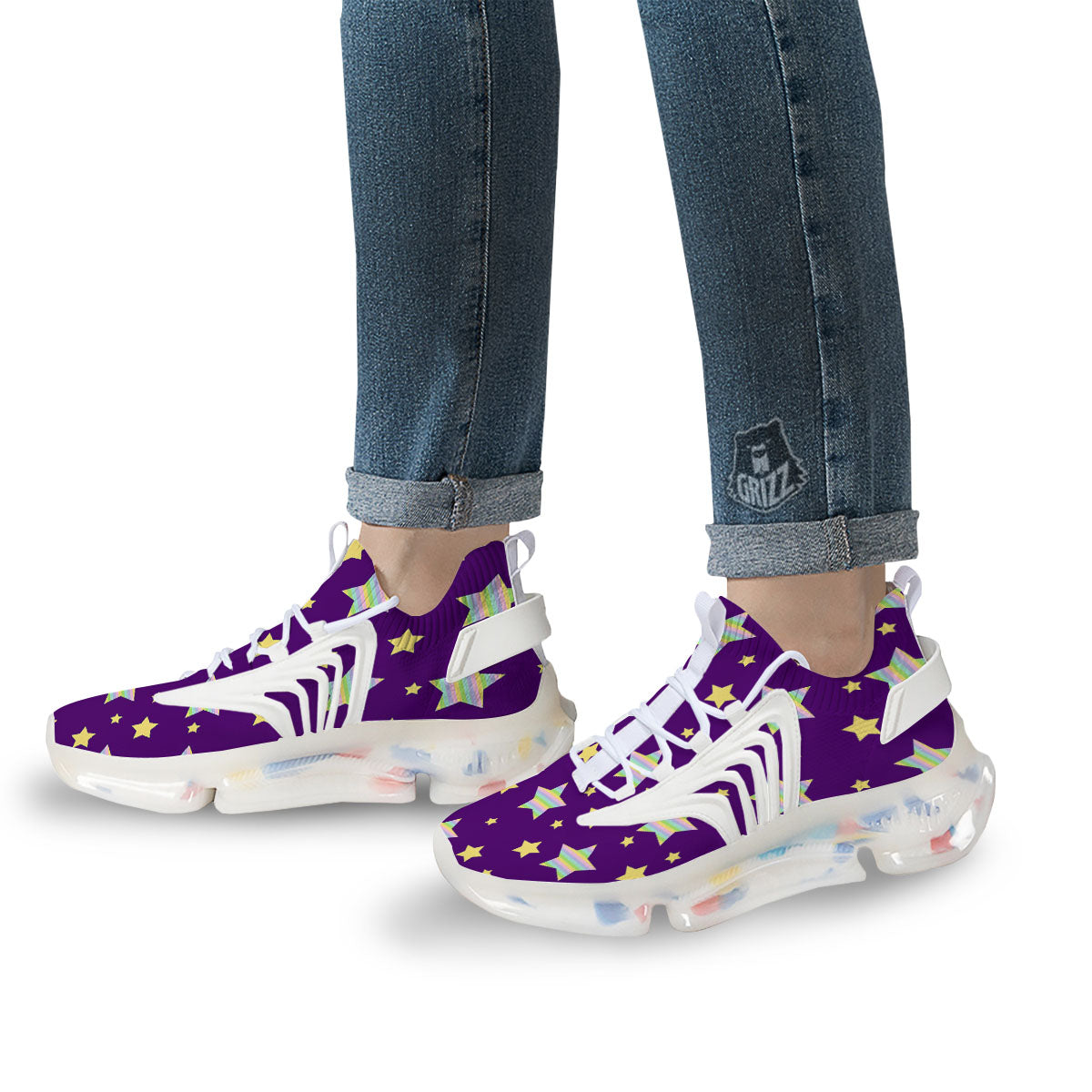 Yellow Stars Purple Print Pattern White Gym Shoes-grizzshop