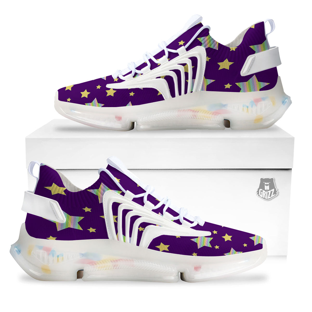 Yellow Stars Purple Print Pattern White Gym Shoes-grizzshop