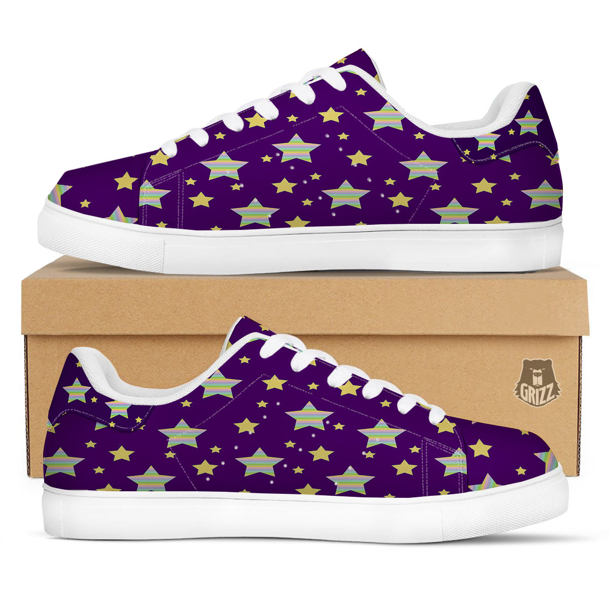 Yellow Stars Purple Print Pattern White Low Top Sneakers-grizzshop