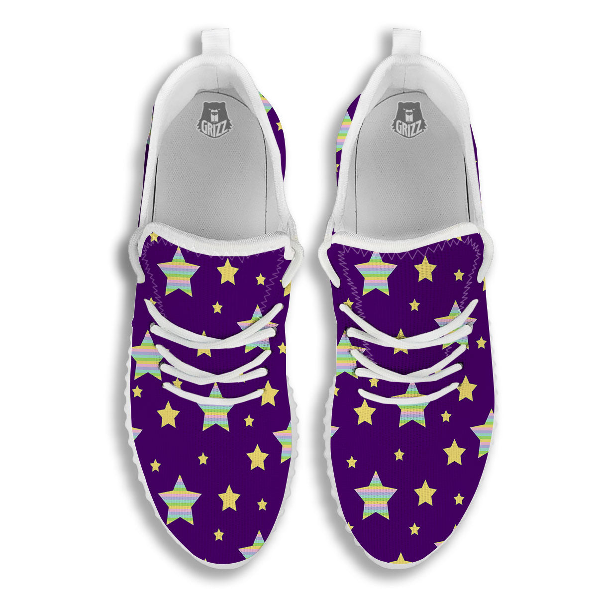 Yellow Stars Purple Print Pattern White Walking Shoes-grizzshop